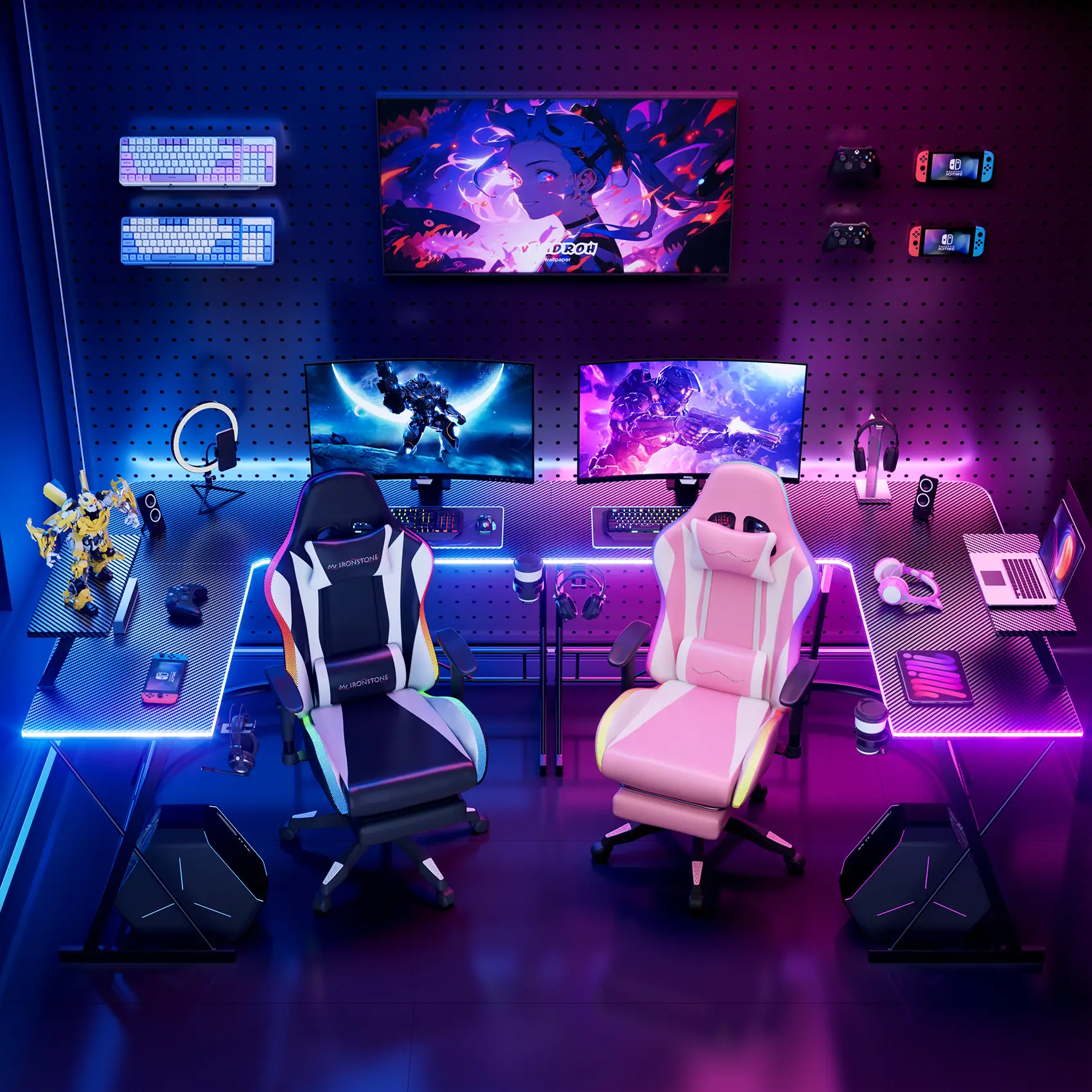 Mr IRONSTONE L Shaped Gaming Desk with Led Lights Corner Computer Desk,L Shaped Desk with Carbon Fiber Surface, Home Office Desks Writing Workstation