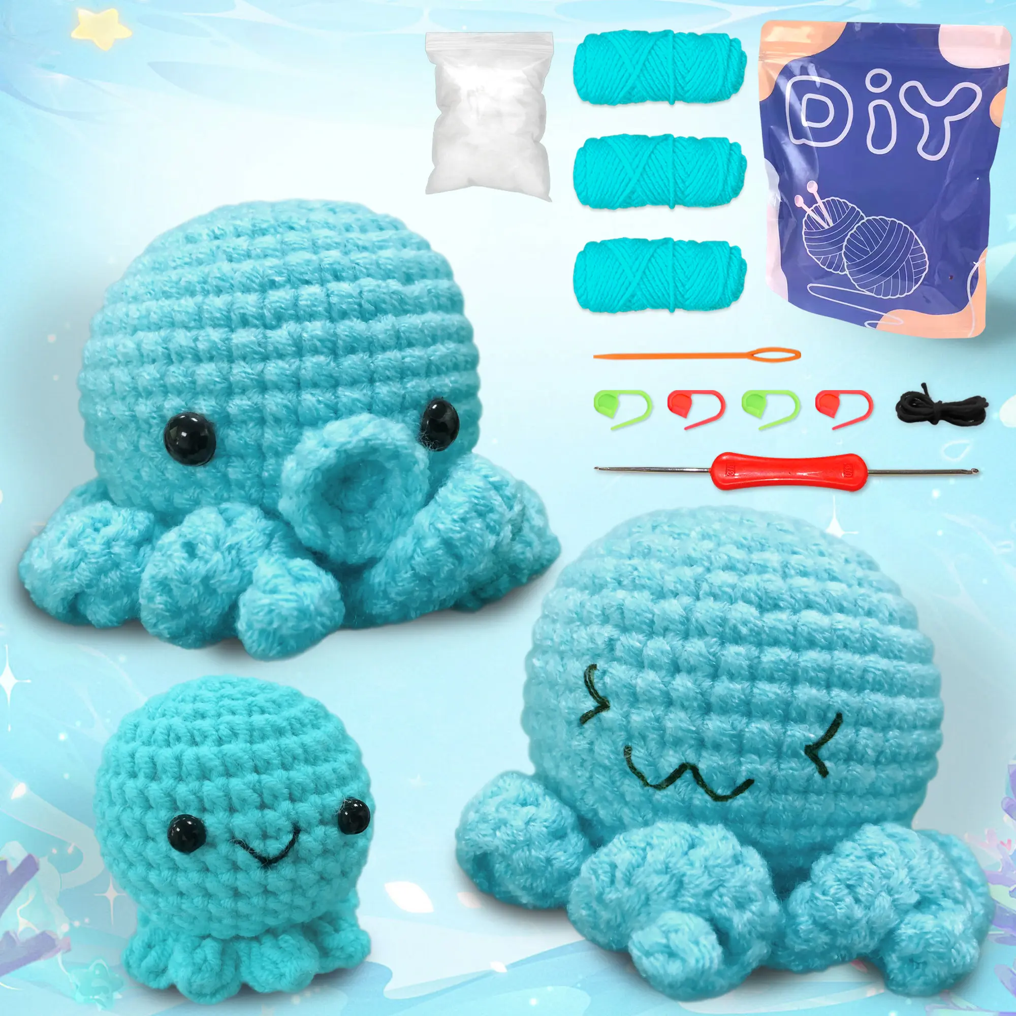 YAMAXIN 3PC Blue Octopus Crochet Material Kit, Complete Set with Hook, Instructions Manual, Detailed Tutorial Videos, Random Accessory Colors