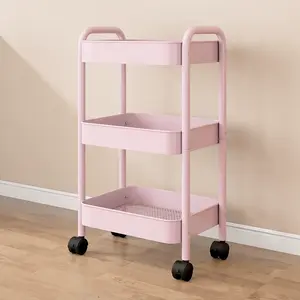Metal Rolling Cart,3-Tier Pink Rolling Cart with Wheels,Metal Utility Cart with Wheels for Office,Home,Kitchen,Garden（48"x32"x12"） Pink