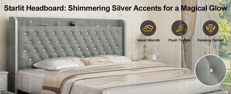 GEGOFORU Queen LED Galaxy Bed Frame with Projector, Bluetooth Speaker & USB Charging, Storage Headboard, PU Upholstered Platform Bed, White, No Box Spring Needed