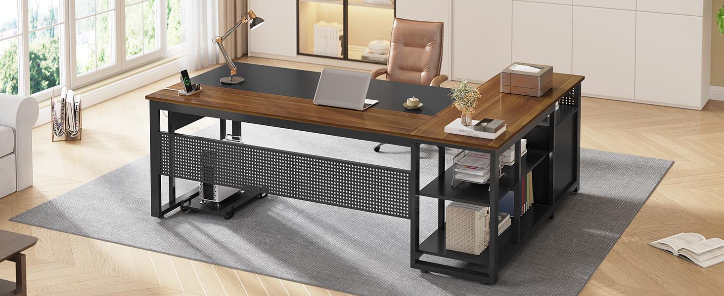 71" Reversible L-Shaped Modern Wood Executive Desk - Home Office Workstation with Power Outlet, File Drawers, Pegboard, CPU Stand - Desks for Gaming (Walnut), Modern Wood Desk
