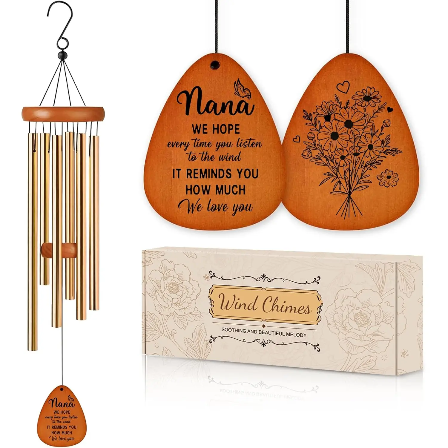 Gifts for Nana, Wind Chimes for Nana, Mother's Day Best Gift for Nana, Heartfelt Birthday Present from Grandkids, Unique Gifts Ideas for Mothers Day, Thanksgiving, Christmas, Festival (Gold)