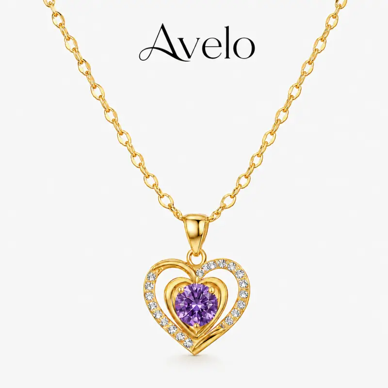 Women's Double Heart Pendant Necklace with Purple Cubic Zirconia, Dainty Gold-Tone Crystal Pendant, Adjustable Chain for Valentine's Day, Cubic Zirconia Necklaces, Gold Crystal Pendant