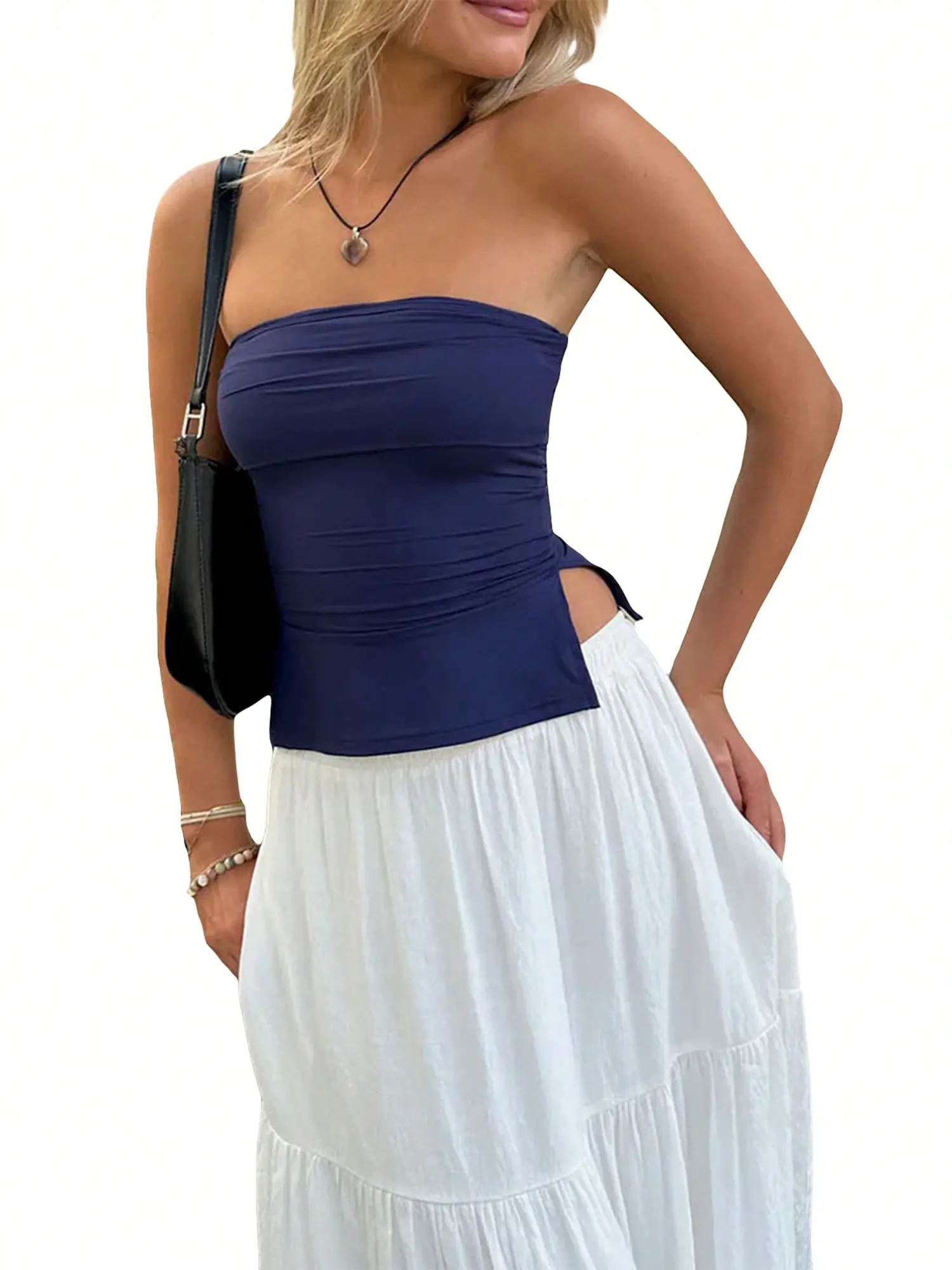 Women Strapless Backless Tube Tops Off Shoulder Side Split Hem Bandeau Top Sexy Slim Fit Going Out Tank Tops