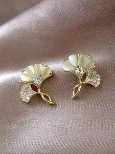 Elegant Silver Color Ginkgo Leaf High Quality Earrings, Fashionable Glass Inlay Design, Perfect for Daily Gatherings, Women's Studs