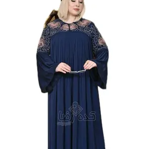 Elegant Free Size Abaya for All Beautiful Ladies Navy Blue with Embroidered Sleeves and Pleated Design