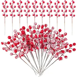32PCS Artificial Holly Berry Stems Christmas Picks Sprays Snowy Fake Red Berries for Christmas Tree Branches Fillers Ornaments Valentine DIY Crafts Wedding Home Party Winter Decor