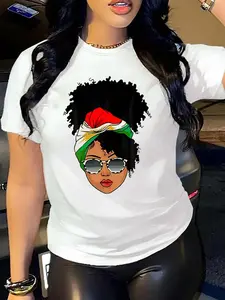Women's Ethnic Pattern Afro Girl Print Round Neck Tee, Fashion Casual Short Sleeve T-shirt for Daily Wear, Ladies Clothes for All Seasons, Top