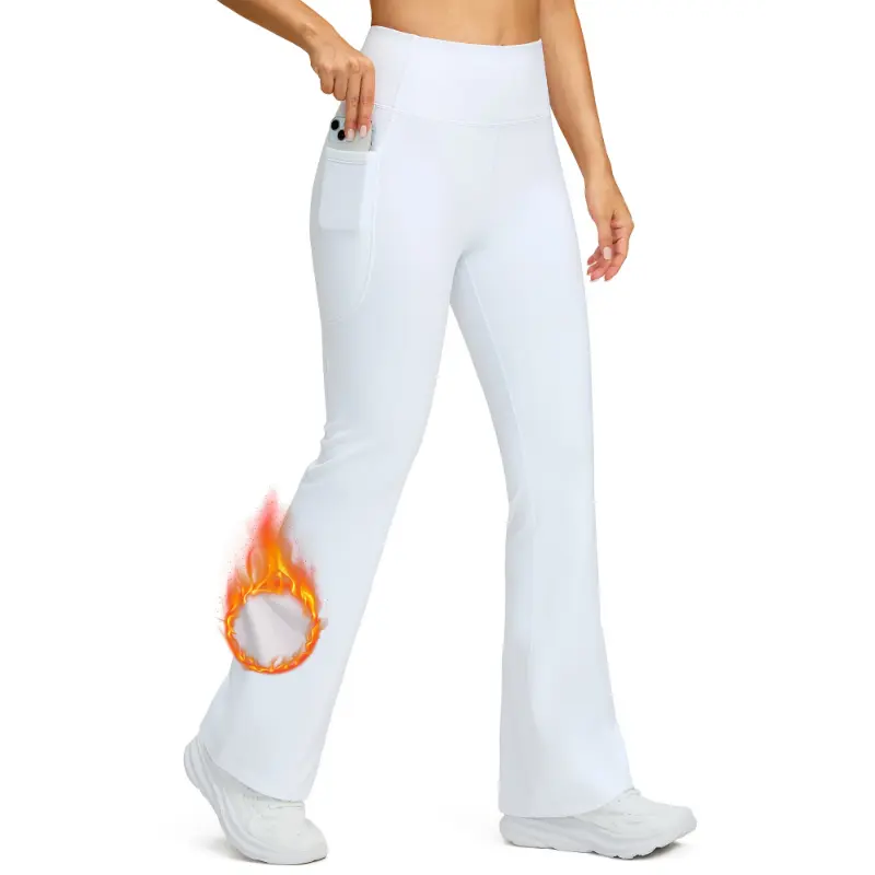 High Waist Fleece-Lined Polyester Joggers - Stretchy Flare Sports Bottoms with Pockets, Warm for Yoga, Hiking Outdoor Activity Essential, Warm For Yoga And Hiking, Adult, Sporty Chic, Flared Cut, Full-Length, Stretch Waistband, Polyester Knit, Outdoor Spo