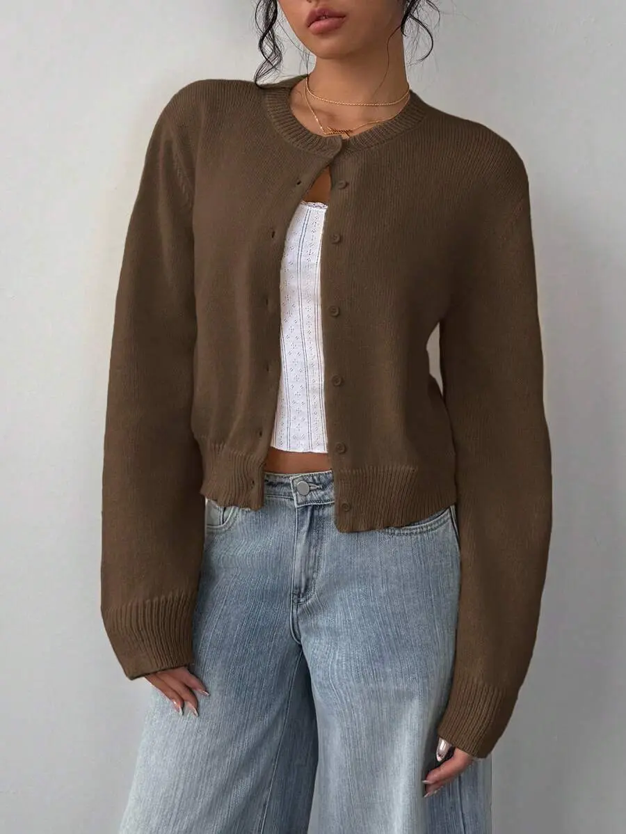 Casual Solid Color Round Neck Long Sleeve Loose Cropped Women Sweater Cardigan Women Autumn Coat Office Coffee Brown
