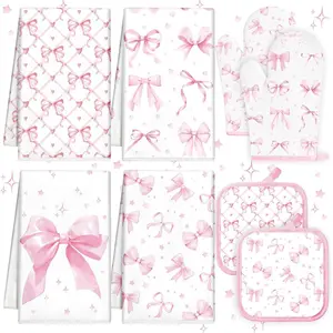 8 Pcs Pink Bows Kitchen Towels Pot Holders and Oven Mitt Set Kitchen Accessories 4 Dish Towels 2 Absorbent Square Potholders 2 Heat Resistant Glove for Cooking Baking Home Gifting