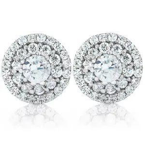 Double Halo Diamond Screw Back Studs 1/2 Carat TW 14K White Gold