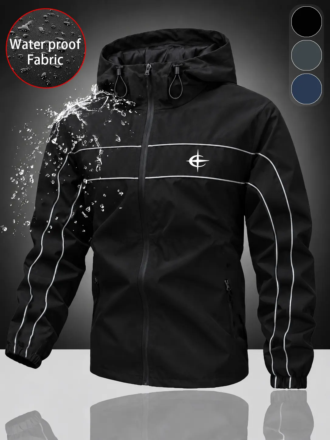 Men's Waterproof Hooded Rain Jacket, Outdoor Windbreaker with Reflective Piping, Full Zip Raincoat, Lightweight Rain Shell Coat for Hiking, Camping, Cycling, Fishing, Travel, Running and Daily Commute