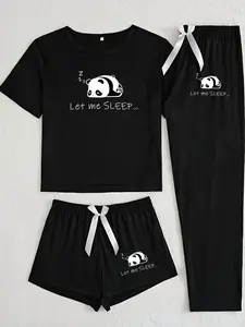 Cute Panda Three-Piece Home Set, Casual Loose-Fitting Cartoon Pattern, All-Seasons Comfortable Sleepwear Pajama Loungewear, Perfect for Daily Wear