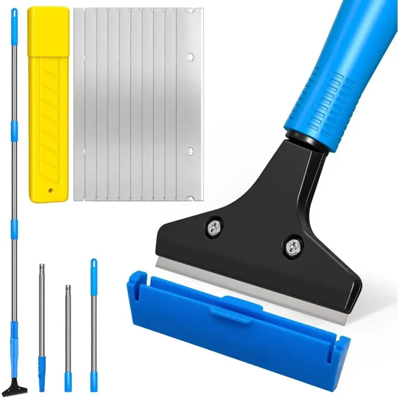 51 Inch Heavy-Duty Floor Scraper Tool with 10 Replacement Blades - Long Handle Razor Blade Suitable for Removing Paint, Glue, Stickers, Gum from Tile, Glass, Walls, Floors, Cooktops - Plastic & Replacement Blade System