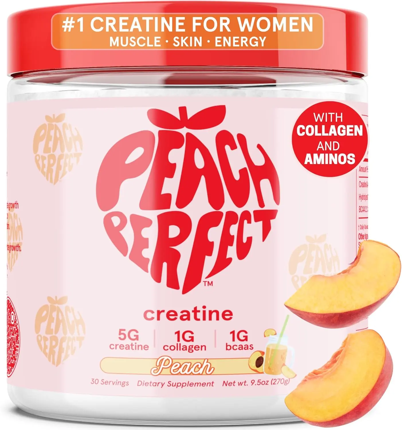 Peach Perfect Creatine for Women – Micronized Creatine Monohydrate Powder with BCAA & Collagen for Glute Strength Support, Boosts Energy, Focus, Strength, and Endurance – Peach, 30 Servings, Pink Lemonade Flavor, NSF-Certified - Healthcare, Muscle