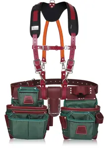 TRUTUCH Green Nylon and Leather Tool Belt with Leather Work Suspender | Framing Tool Bags | Leather Tool Belts | Leather Work Suspender