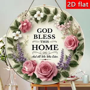 [Made in US] 2D Flat - God Bless This Home Round Metal Sign, Floral Wreath Wall Art, Farmhouse Front Door Hanger, Inspirational Home Decor, Christian Welcome Sign for Porch, Living Room, Housewarming Gift