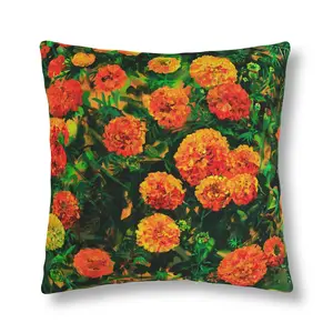 Marigold Outdoor Pillows - Floral Design with Green Background, Featuring Orange and Yellow Marigolds