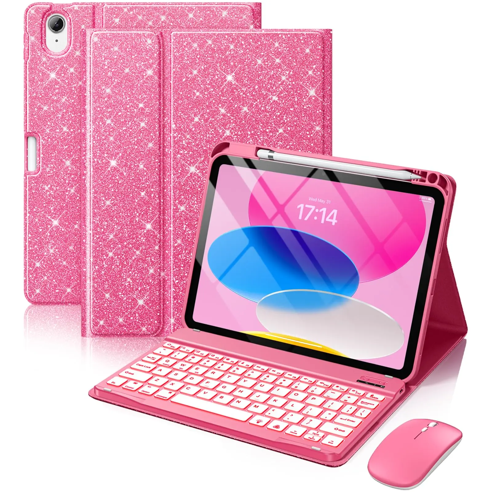 Hamile for iPad A16 Case with Keyboard - Mouse Backlit Wireless Detachable Keyboard Glitter Folio Cover with Pencil Holder for iPad 11th Gen A16 11-inch 2025 10th Generation 10.9 Inch 2022 - Pink