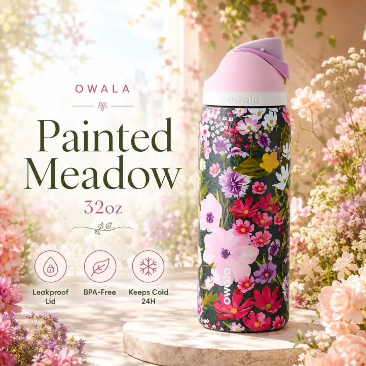 Owala Painted Meadow FreeSip 32oz Water Bottle Leakproof Insulated Stainless Steel Wildflower Design Gift for Her