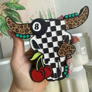 Checkered bull leopard turquoise car freshie with cherries air freshener