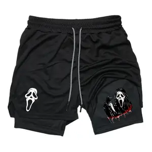Men’s Halloween Scream Ghost Face Graphic Double Layer Jorts Breathable 2-in-1 Sports Shorts Quick Dry Gym Running Athletic Training Shorts Comfortable Above Knee Bottoms for Summer Workout