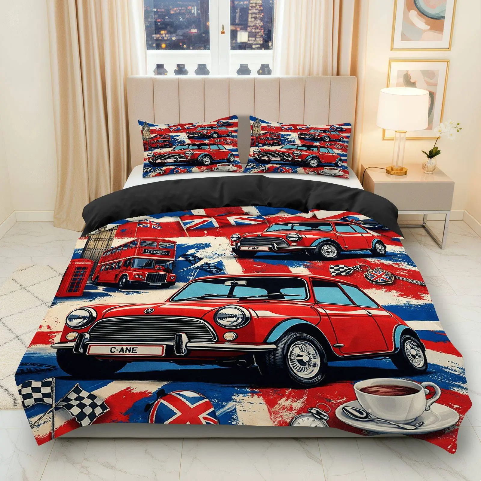 3PCS Duvet Cover Set, 1 Duvet+2 Pillowcases(Without filler), British Vintage Car Retro London Tea theme, Christmas bedding set, Classic Comfortable Warm Suitable for decoration bedroom, guest room, cozy apartment, stylish.