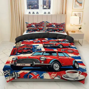 3PCS Duvet Cover Set, 1 Duvet+2 Pillowcases(Without filler), British Vintage Car Retro London Tea theme, Christmas bedding set, Classic Comfortable Warm Suitable for decoration bedroom, guest room, cozy apartment, stylish.