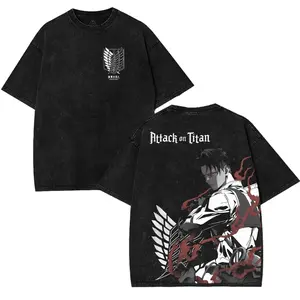 Attack On Titan X Titan Levi Ackerman Strongest Solider Human v3 AOT Anime Manga game Double Printed Vintage Washed Unisex Cotton graphic tees Top streetwear T-shirt Menswear Classic men Seamless Smooth Black Casual Tshirt Round Neck Crewneck Shortsleeve
