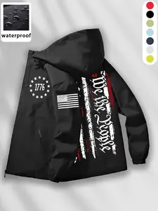 Techwear Aesthetic】 Waterproof Hooded Jacket with "We The People" Graphic Print & 1776 American Flag Patch. Windproof Tactical Outerwear for Outdoor Exploration & Street Style #Techwear #Gorpcore #TacticalGear