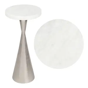 Ziggy 22" Contemporary Designer Metal Drink Table and Decorative End Table with White Marble Round Top and Cone Pedestal Base