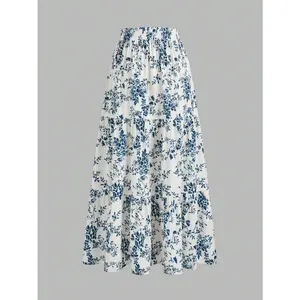 Vintage Floral Print Elastic Waist Ruffle Hem A-Line Skirt