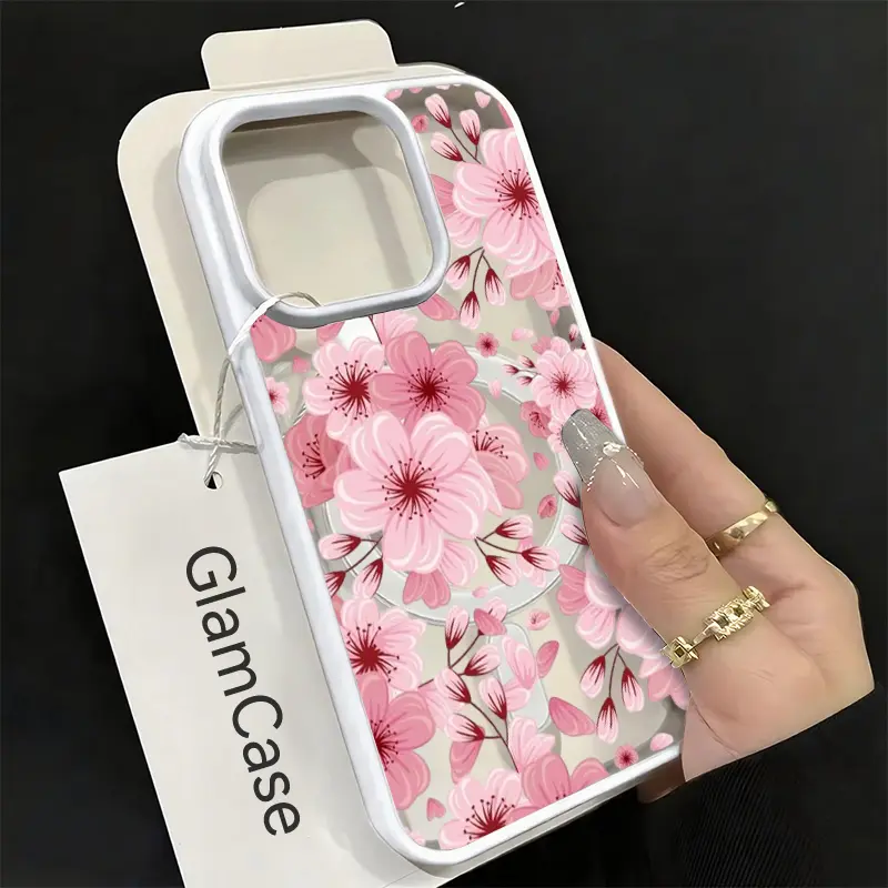Delicate Floral Cherry Blossom Acrylic Smartphone Case - Magnetic Fit, Waterproof, Shockproof, Drop Resistant - Camera Protection Casing for iPhone 11-17 Plus Pro Max - Spring Gift Cellphone Accessory (A8)