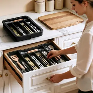 9-Compartment Silverware Organizer Expandable Kitchen Utensil Drawer Organizer for Forks Knives, Large Cutlery Organizer & Storage Tray for Spoons