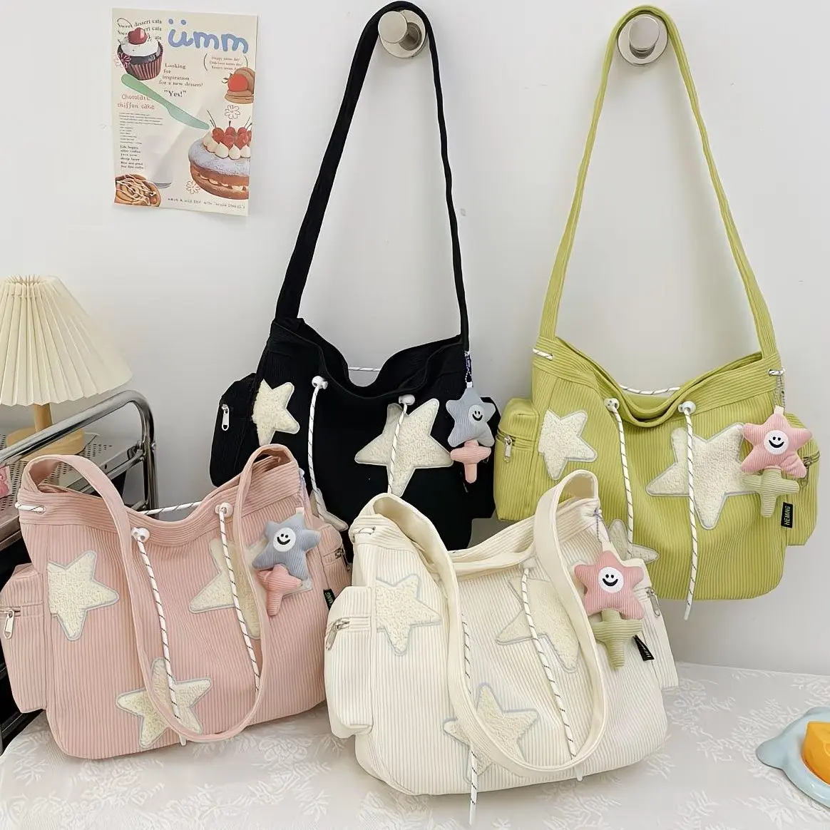 Women’s Corduroy Crossbody Messenger Bag Cute Star Pattern Large Capacity Casual Student Shoulder Tote for School Commuting Travel Daily Use commuter