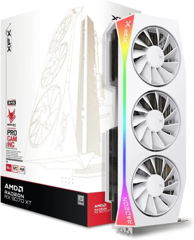 XFX Mercury AMD Radeon RX 9070XT OC Gaming White Edition with RGB 16GB GDDR6, HDMI 3xDP, RDNA 4 RX-97TRGBBW9, Graphics Card, Compatible with Desktop PCs