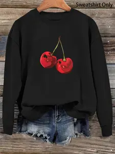 Women's Cherry Print Drop Shoulder Sweatshirt, Stylish Long Sleeve Round Neck Pullover, Ladies Clothes for All Seasons