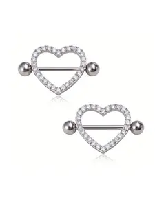 Heart Shaped Nipple Ring, 2pcs Rhinestone Decorated Nipple Ring, Body Jewelry for Women & Men, Fashion Accessories for Party, Daily Clothing Decor, Body Piercing Jewelry