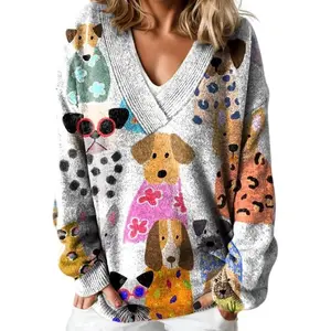 Women's Casual Cute Graphic Print  Pullover Sweater Fall and Winter Vintage Long Sleeve Floral Tops