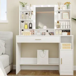 Vanity Desk with Large HD Mirror, Makeup Vanity with Led Lights, Dressing Table with Power Strip, 6 Storage Shelves, 5 Drawers and Side Open Storage, Simple, White