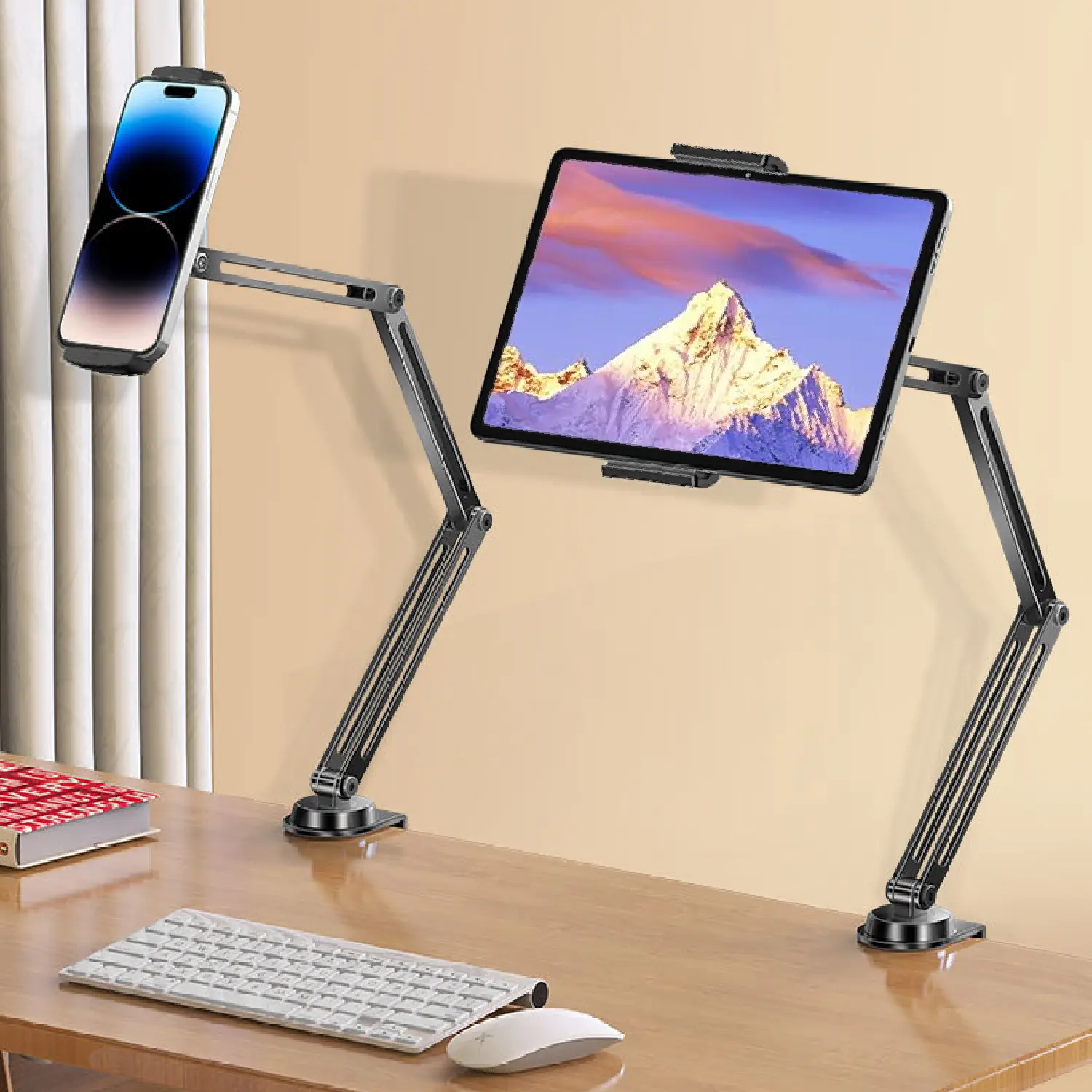 Tablet Stand Holder, Adjustable Foldable Tablet Arm iPad Desk Mount with 360°Rotate Base, Phone Holder iPad Stand for Desk and Bed, Compatible With Tablets, Phones or Other 4-10.7" Device