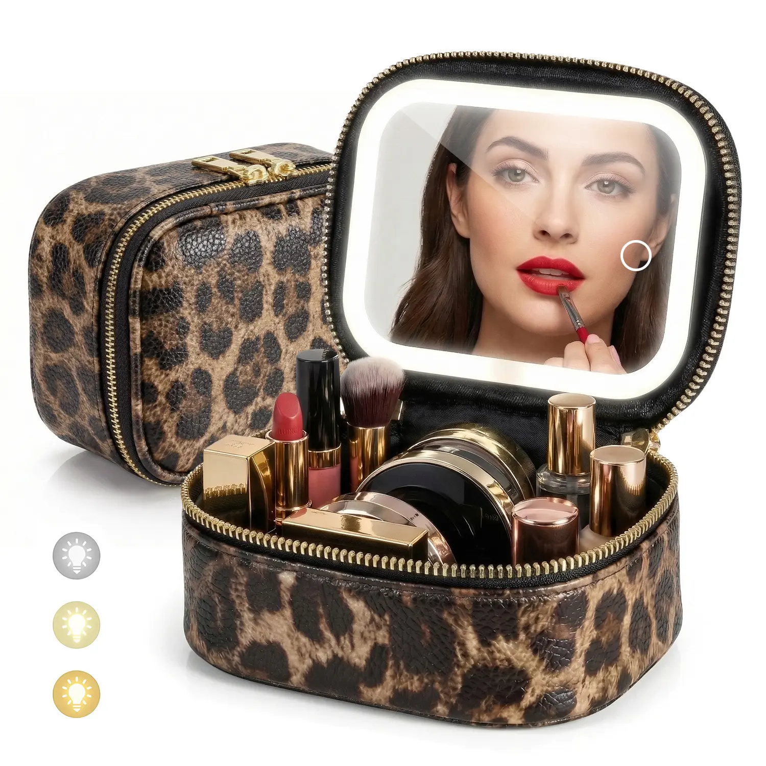 Women's Lighted Travel Makeup Bag with Built-in Mirror - 3 Adjustable Brightness Colors, Portable Travel Must Haves, Adjustable Organizer, Cosmetics Train Case, French Girl Style, Carrying Set, French Girl Makeup Bag