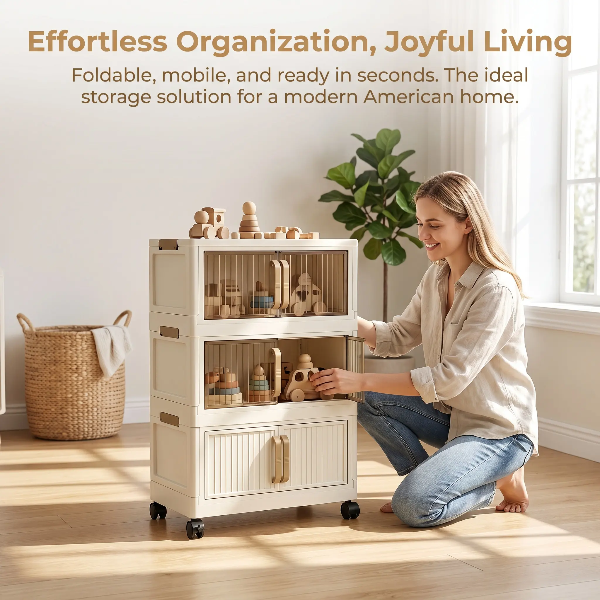 Foldable Plastic Storage Cabinet with Wheels, Stackable 3/5 Tier Storage Organizer with Flip Doors, Mobile Closet Storage Bins for Clothes, Bedding, Bedroom Wardrobe