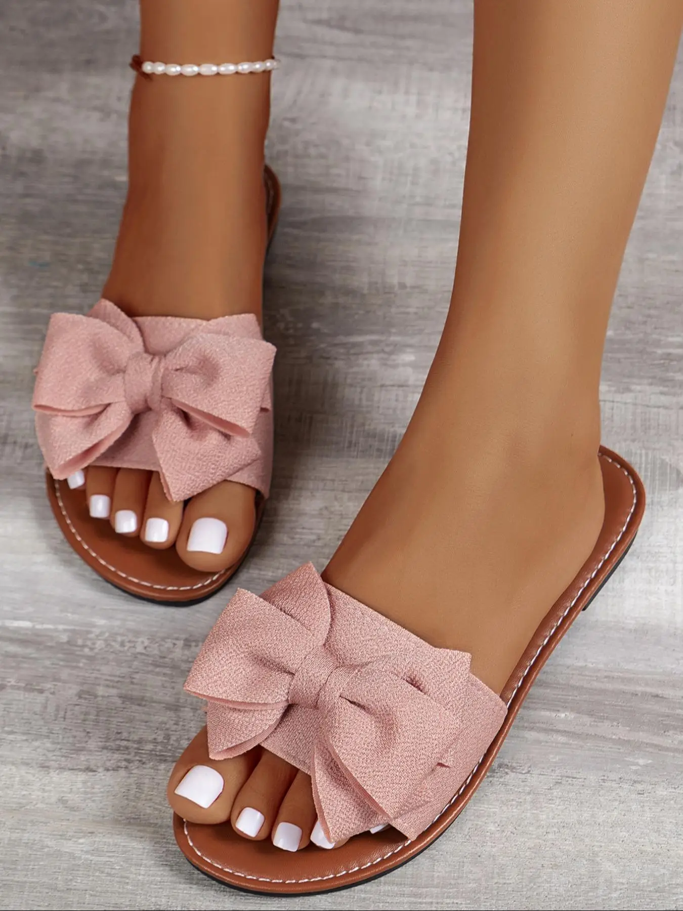 Women's Cute Bowknot Decor Slip on Sandals, Casual Open Toe Flat Sandals for Summer, Lightweight Breathable Comfortable Shoes for Daily Wear