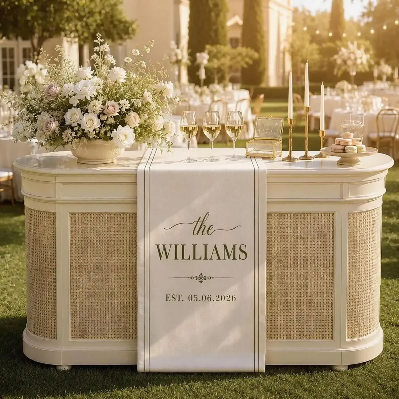 Personalized Wedding Table Runner, Cheers to the Family Name Bar Sign, Custom Linen Reception Decor, Sweetheart Table, Est Date Banner