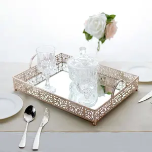 Metal Mirrored Serving Tray 16"x12" Rectangle Rose Gold Fleur De Lis Design with Handles - French Inspired Decorative Vanity Tray Centerpiece