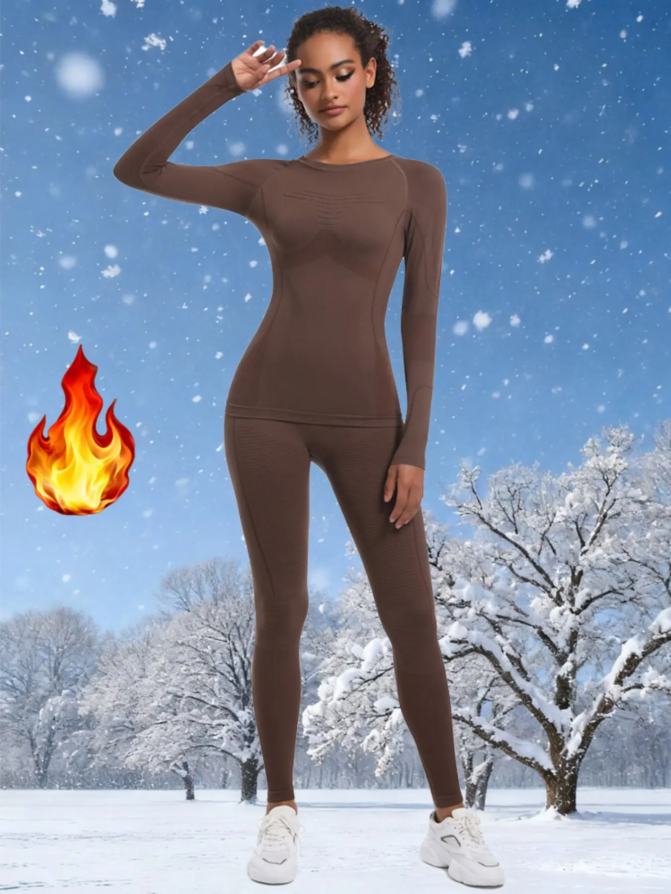 Women's Solid Long Sleeve Baselayer Top & Leggings Ski Suit Set, Sporty Comfy Breathable Skiing Underwear Set for Women, Ladies Sportswear for Indoor Outdoor Wear, Thermal Lined Sports