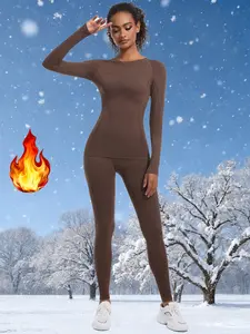 Women's Solid Long Sleeve Baselayer Top & Leggings Ski Suit Set, Sporty Comfy Breathable Skiing Underwear Set for Women, Ladies Sportswear for Indoor Outdoor Wear, Thermal Lined Sports