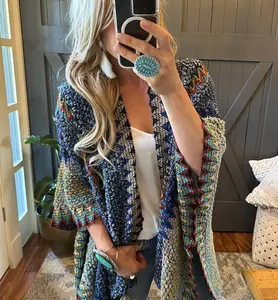 The Bohemian Loom Moroccan Knit Tasseled Handmade Poncho Cardigan Sweater Crochet Blue ~ Women's Size Medium to XL